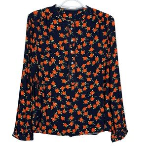 J.Crew Re-Imagined Navy Floral Viscose Blouse Long Sleeve Boho Top Size L